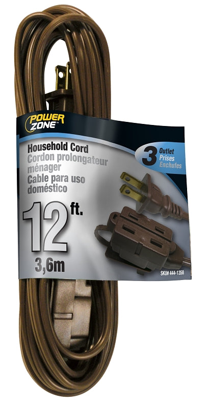 PowerZone OR670612 Extension Cord, 16 AWG Cable, 12 ft L, 125 V, Brown