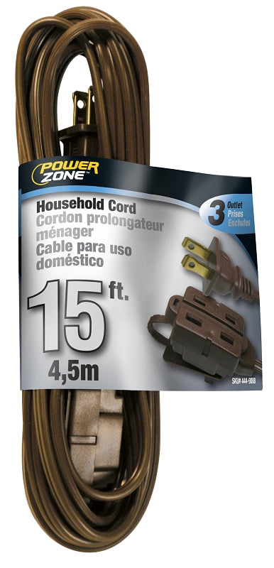 PowerZone OR670615 Extension Cord, 16 AWG Cable, 15 ft L, 125 V, Brown