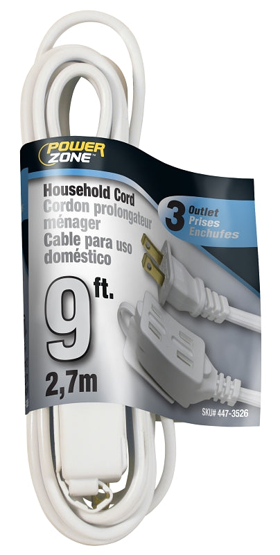 PowerZone OR660609 Extension Cord, 16 AWG Cable, 9 ft L, 125 V, White