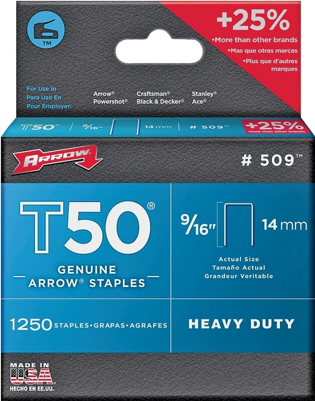 Arrow T50 Series 50924 Staple, 3/8 in W Crown, 9/16 in L Leg