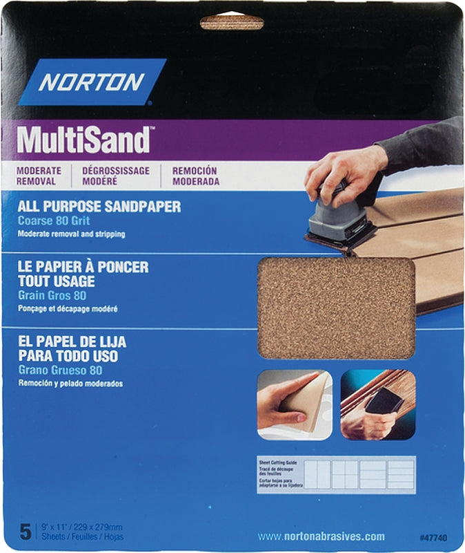 NORTON MultiSand 07660747740 Sanding Sheet, 11 in L, 9 in W, Coarse, 80 Grit, Aluminum Oxide Abrasive