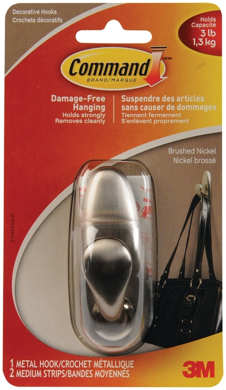 Command FC12-BN-C Hook, 3 lb, 1-Hook, Metal, Brushed Nickel