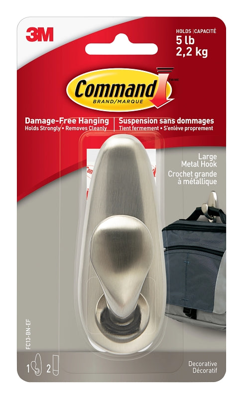 Command FC13-BN-C Adhesive Hook, 1.49 in W, Metal, Brushed Nickel, 5 lb