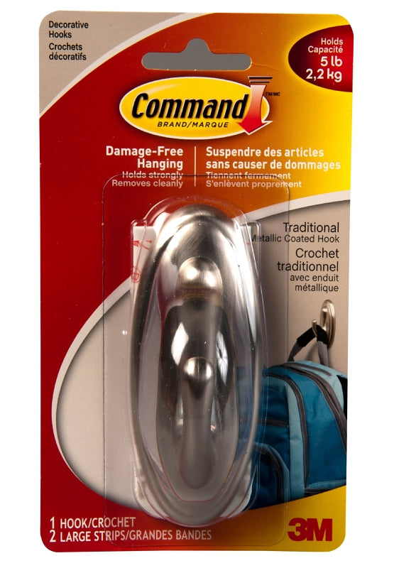 Command 17053BN-C Decorative Hook, 5 lb, 1-Hook, Metal, Brushed Nickel