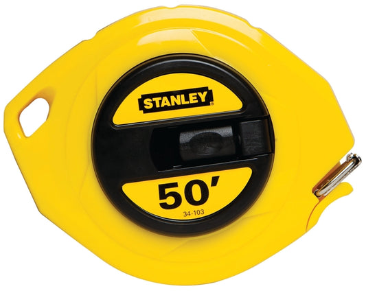 Stanley 34-103 Measuring Tape, 50 ft L Blade, 3/8 in W Blade, Steel Blade, ABS Case, Yellow Case