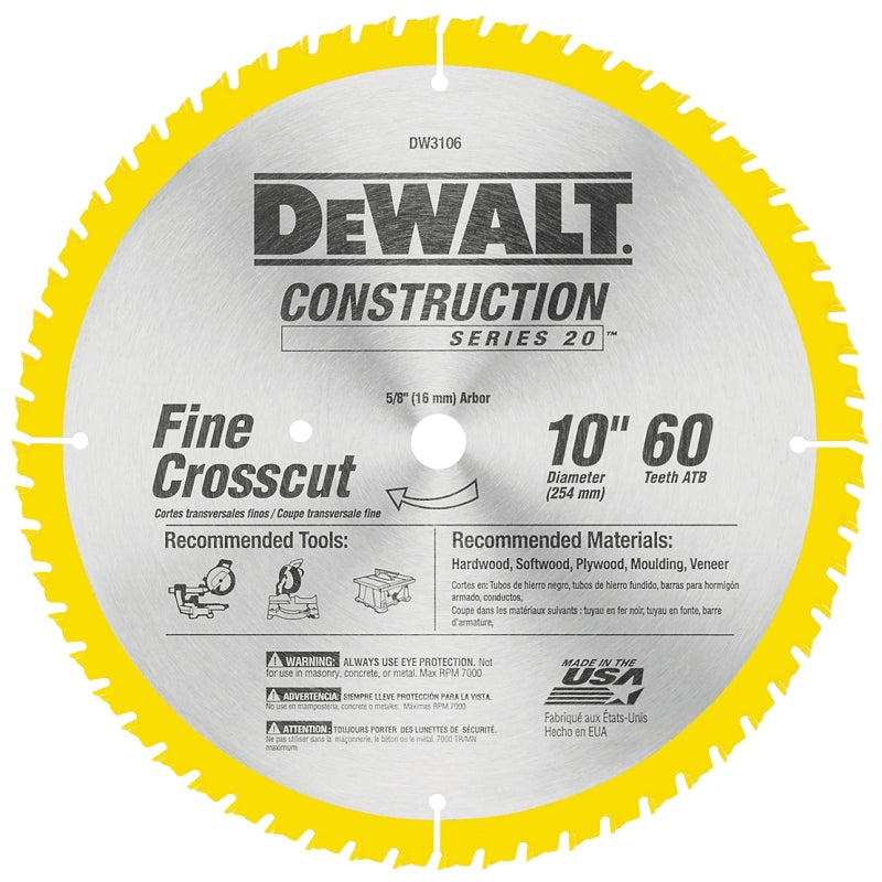 DeWALT DW3106 Saw Blade, 10 in Dia, 5/8 in Arbor, 60-Teeth, Carbide Cutting Edge