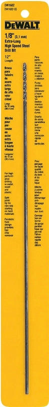 DeWALT DW1602 Drill Bit, 1/8 in Dia, 12 in OAL, Extended Length, Spiral Flute, 1/8 in Dia Shank, Round Shank