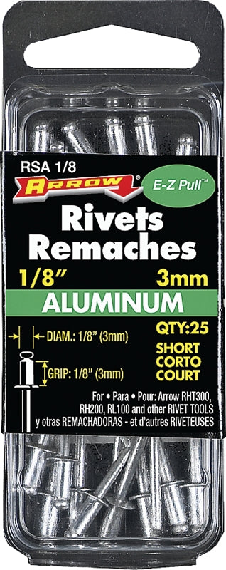 Arrow RSA1/8 Pop Rivet, Short, 1/8 in L, Aluminum