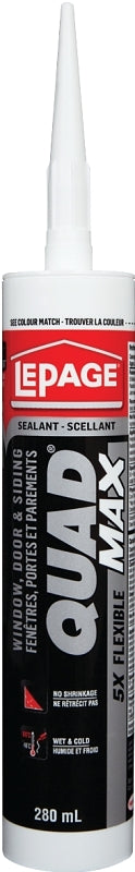 LePage QUAD MAX 1869820 Window, Door and Siding Sealant, Chestnut, 24 to 72 hr Curing, 0 to 140 deg F, 280 mL Cartridge