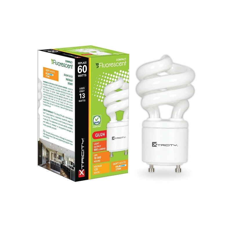 Xtricity 1-60107 Compact Fluorescent Bulb, 13 W, T2 Lamp, GU24 Lamp Base, 900 Lumens, 2700 K Color Temp