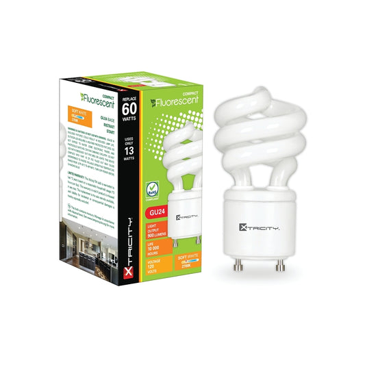Xtricity 1-60107 Compact Fluorescent Bulb, 13 W, T2 Lamp, GU24 Lamp Base, 900 Lumens, 2700 K Color Temp