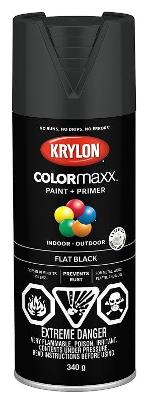 Krylon COLORmaxx K05546007 Spray Paint, Flat, Black, 12 oz, Aerosol Can