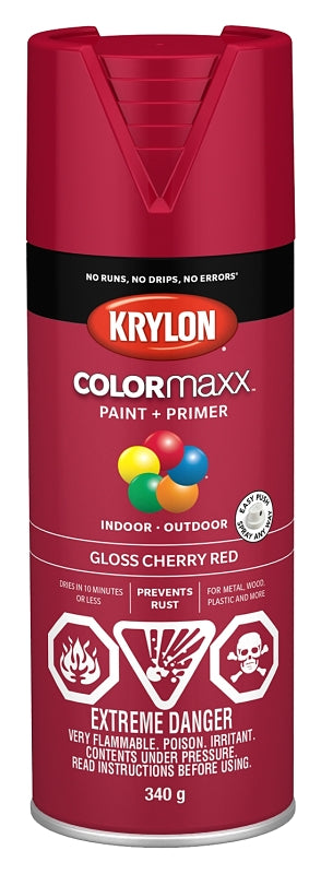 Krylon COLORmaxx K05511007 Spray Paint, Gloss, Cherry Red, 12 oz, Aerosol Can