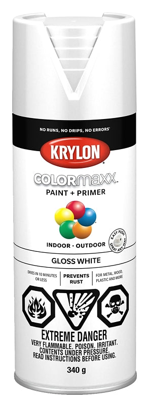 Krylon COLORmaxx K05545007 Spray Paint, Gloss, White, 12 oz, Aerosol Can