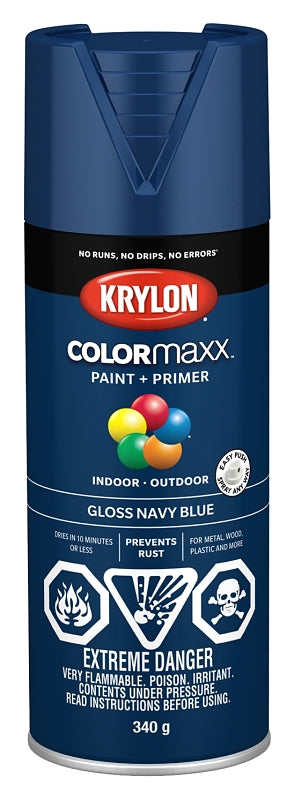 Krylon COLORmaxx K05529007 Spray Paint, Gloss, Navy Blue, 12 oz, Aerosol Can