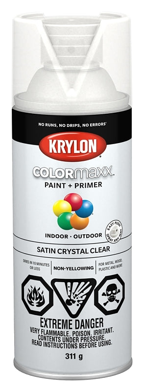 Krylon COLORmaxx K05562007 Spray Paint, Satin, Crystal Clear, 11 oz, Aerosol Can