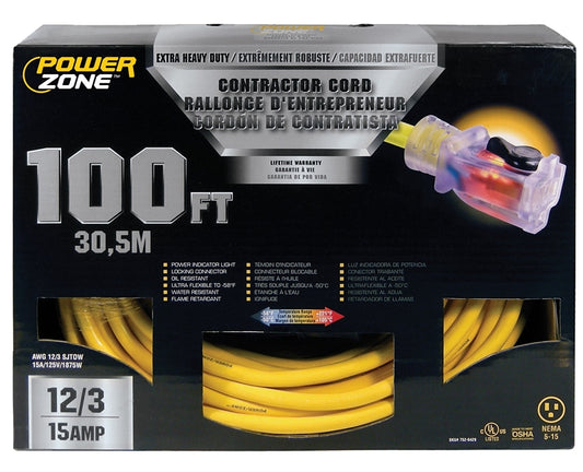 PowerZone Contractor Cord, 12 AWG Cable, 100 ft L, 15 A, 125 V, Yellow