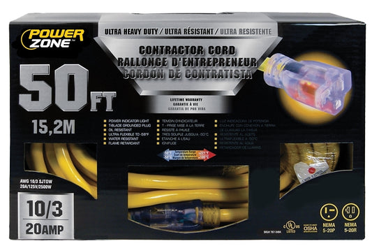 PowerZone Contractor Cord, 10 AWG Cable, 50 ft L, 20 A, 125 V, Yellow