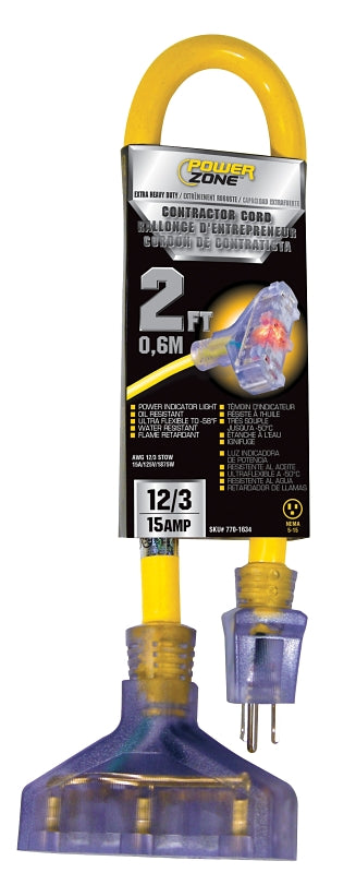 PowerZone ORADL611802 Contractor Extension Cord, 12 AWG Cable, 2 ft L, 125 V, Yellow