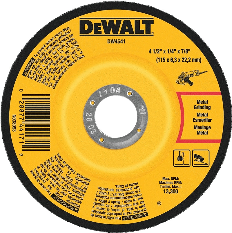 DeWALT DW4541 Grinding Wheel, 4-1/2 in Dia, 1/4 in Thick, 7/8 in Arbor, 24 Grit, Coarse, Aluminum Oxide Abrasive