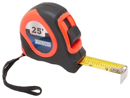 Vulcan 26-7.5X25-R Tape Measure, 25 ft L Blade, 1 in W Blade, Steel Blade, ABS Plastic Case, Orange Case