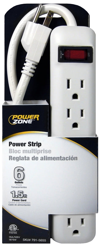 PowerZone OR801118 Power Outlet Strip, Straight Plug, 6 -Socket, 15 A, 125 V