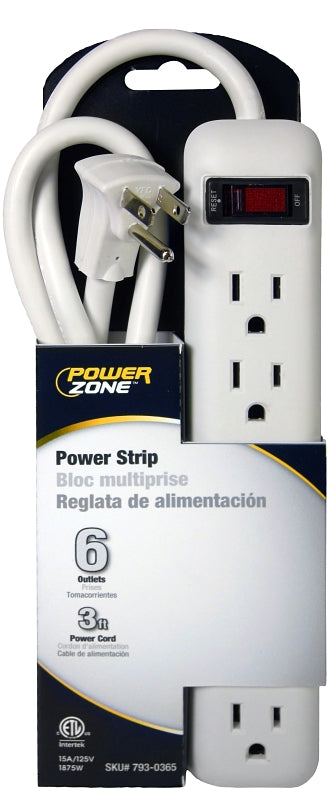 PowerZone OR801124 Power Outlet Strip, Straight Plug, 6 -Socket, 15 A, 125 V