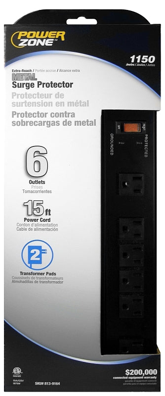 PowerZone OR802135 Surge Protector Power Strip, 125 V, 15 A, 6-Outlet, 1150 Joules Energy, Black