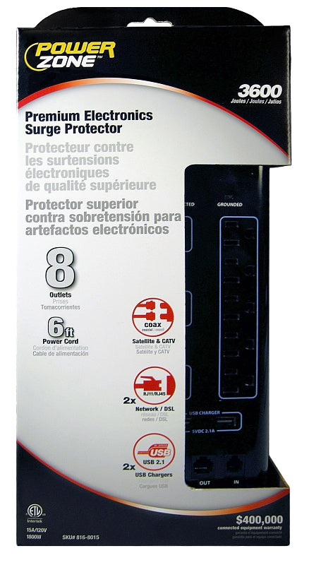 PowerZone OR503118 Surge Protector Power Strip, 125 V, 15 A, 8-Outlet, 3600 Joules Energy, Black