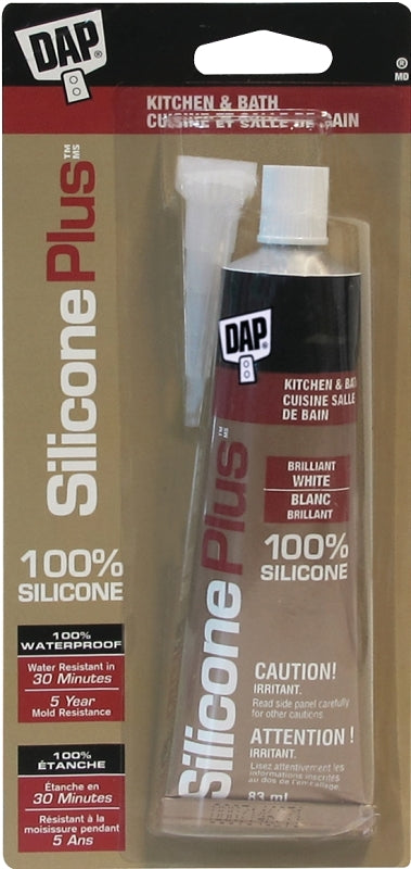 DAP Silicone Plus 73382 Kitchen and Bath Sealant, White, -35 to 140 deg F, 83 mL Tube