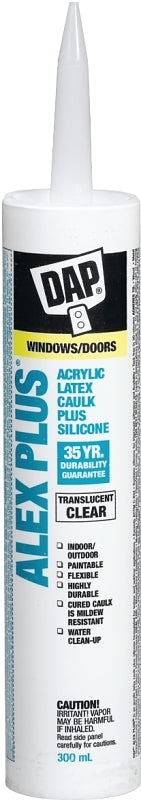 DAP ALEX PLUS 74235 Acrylic Latex Caulk Plus Silicone, Clear, 7 to 14 days Curing, 40 to 100 deg F, 300 mL Cartridge