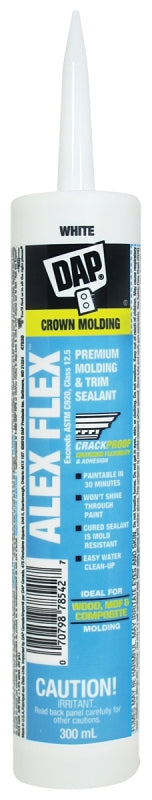 DAP ALEX FLEX 78542 Molding and Trim Sealant, White, 72 hr Curing, 40 to 100 deg F, 300 mL Cartridge