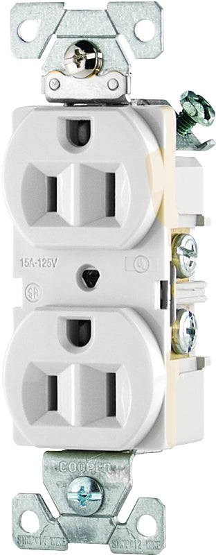 Eaton Cooper Wiring CR15W Duplex Receptacle, 2 -Pole, 15 A, 125 V, Side Wiring, NEMA: 5-15R, White