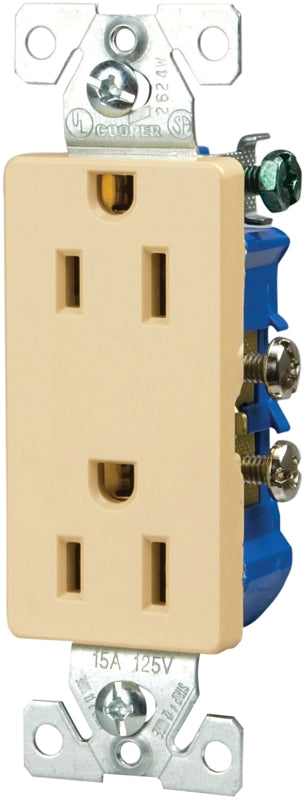 Eaton Wiring Devices 1107V Duplex Receptacle, 2 -Pole, 15 A, 125 V, Back, Side Wiring, NEMA: 5-15R, Ivory