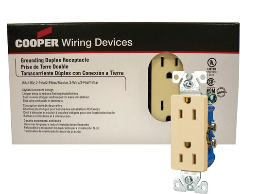 Eaton 1107V-JP-C Duplex Receptacle, 2-Pole, 15 A, 125 VAC, Push, Side Wiring, NEMA: 5-15R, Ivory