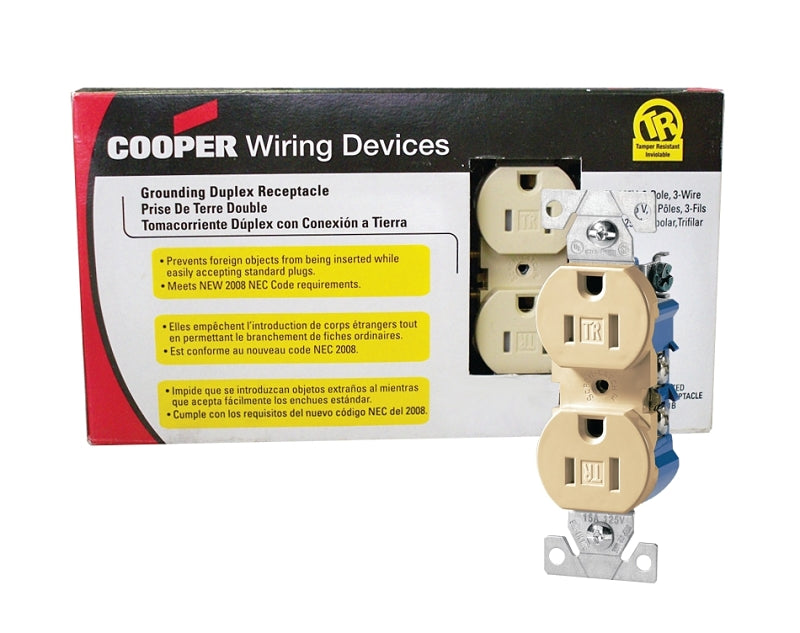 Eaton TR270V10 Duplex Receptacle, 2-Pole, 15 A, 125 VAC, Push, Side Wiring, NEMA: 5-15R, Ivory