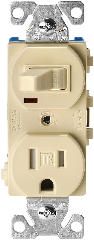 EATON TR274V Combination Switch, 1 -Pole, 15 A, 120/125 V, NEMA: NEMA 5-15R, Ivory