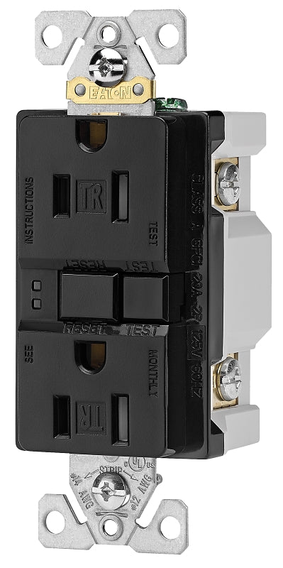 Eaton TRSGF15BK-SPL GFCI Outlet Box, 125 V, 15 A, NEMA: NEMA 5-15R, Back and Side Wiring, Black