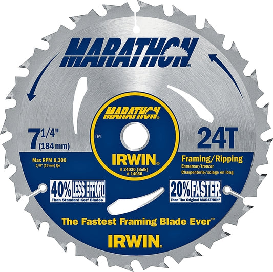 IRWIN MARATHON 24030 Circular Saw Blade, 7-1/4 in Dia, 5/8 in Arbor, 24-Teeth, Carbide Cutting Edge